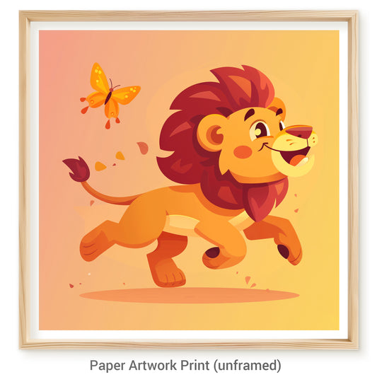 Playful Young Lion Chasing a Vibrant Butterfly Illustration