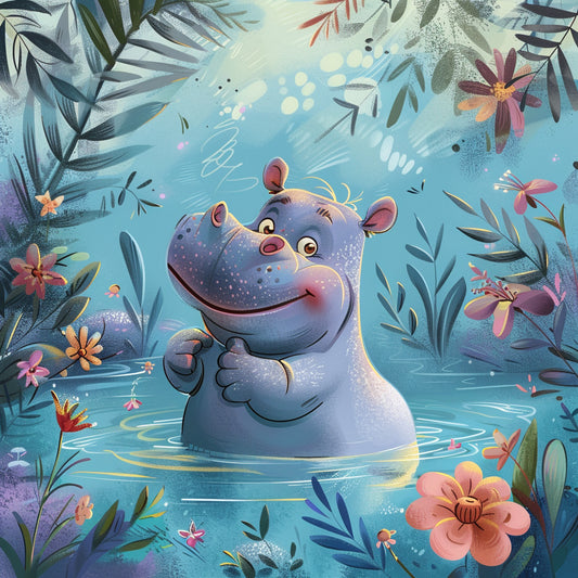 Happy Cartoon Hippo Enjoying Time in a Blue Pond