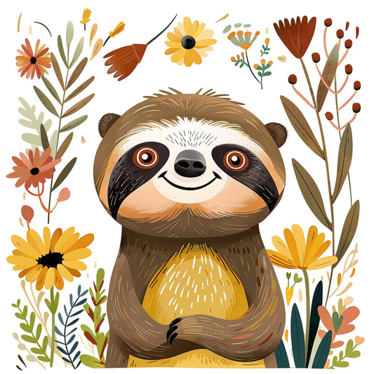 Cute Cartoon Sloth with Adorable Smile and Flowers
