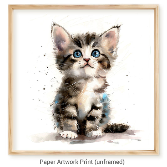 Adorable Watercolor Kitten Painting with Big Blue Eyes