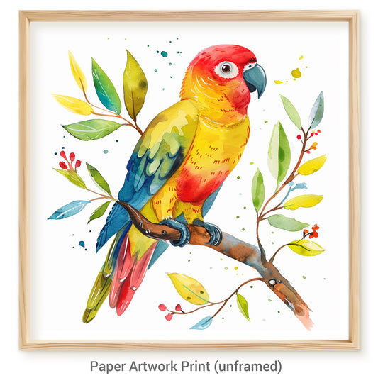 Colorful Parrot Watercolor Artwork on White Background