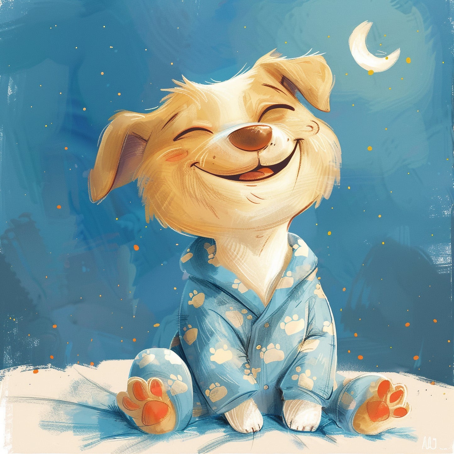 Joyful Dog in Pajamas Ready for Bedtime Under Moonlight