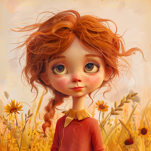 Girl with Windblown Hair Standing Among Sunflowers