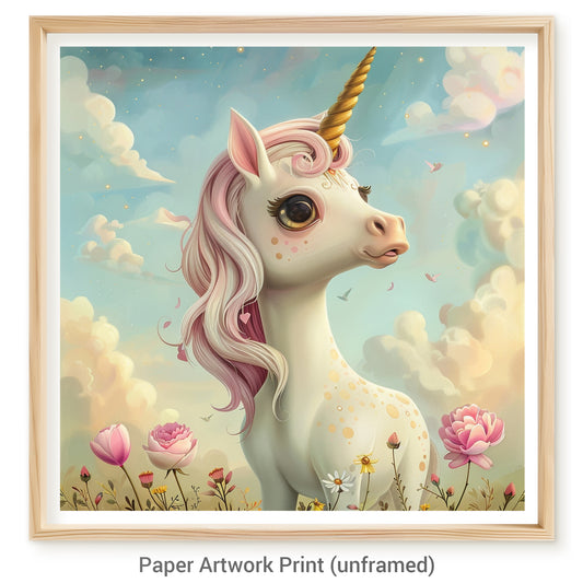 Enchanting Unicorn in a Magical Meadow Under Sky