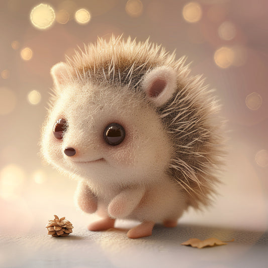 Needle Felted Hedgehog with Pine Cone on Soft Background