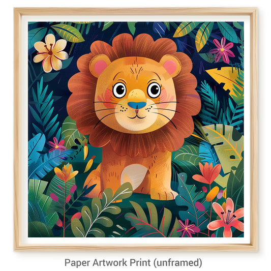 Cute Illustrated Lion Surrounded by Lush Jungle Foliage