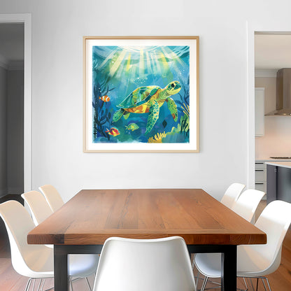 Colorful Sea Turtle Gliding Through a Sunlit Underwater Scene