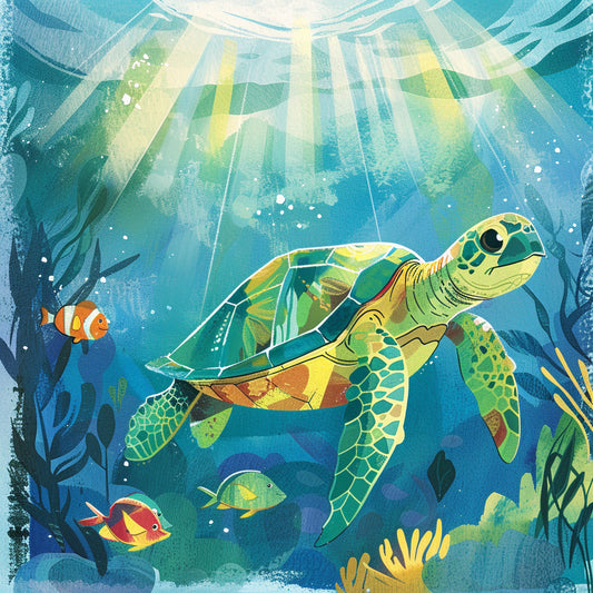 Graceful Sea Turtle Swimming in Sunlit Underwater Scene