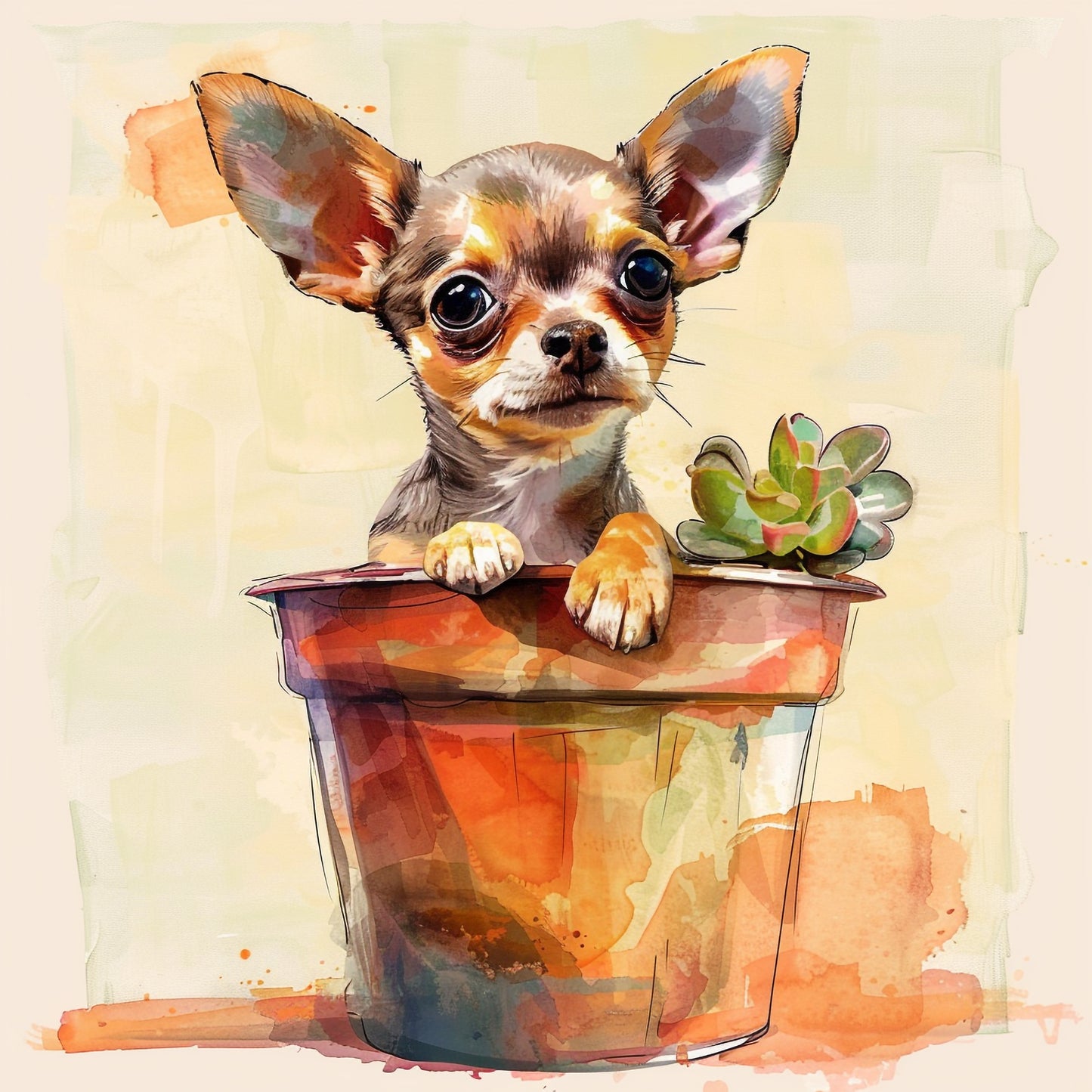 Adorable Chihuahua Puppy Sitting in a Flower Pot