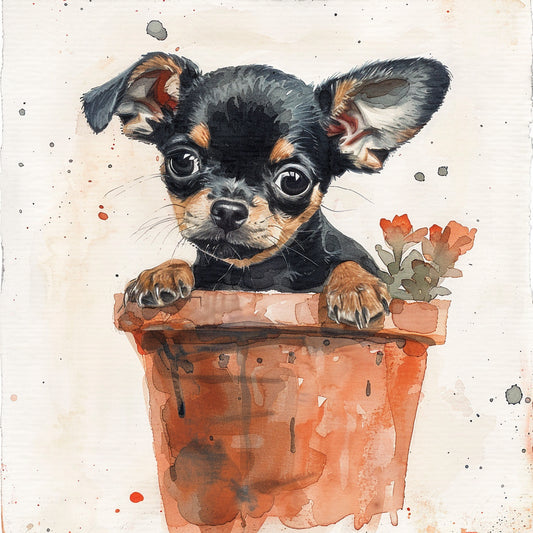 Adorable Chihuahua Puppy Peeking Out of a Flower Pot