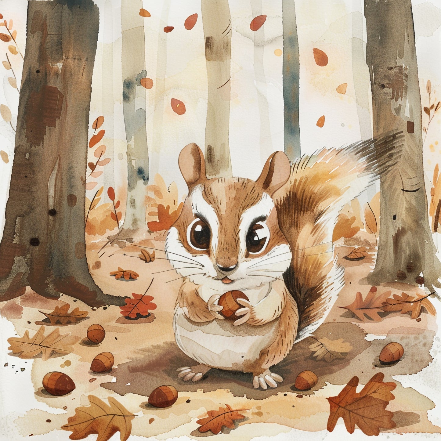 Cute Chipmunk Collecting Acorns in Autumnal Forest Scene