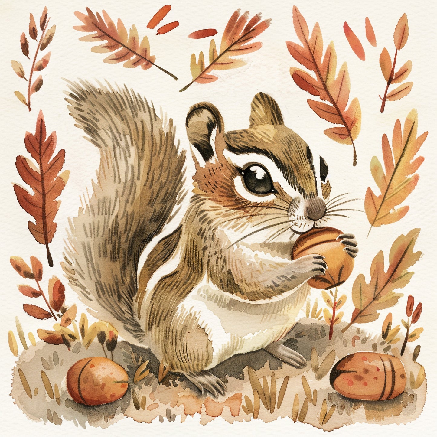 Cute Chipmunk Gathering Acorns in Autumn Illustration