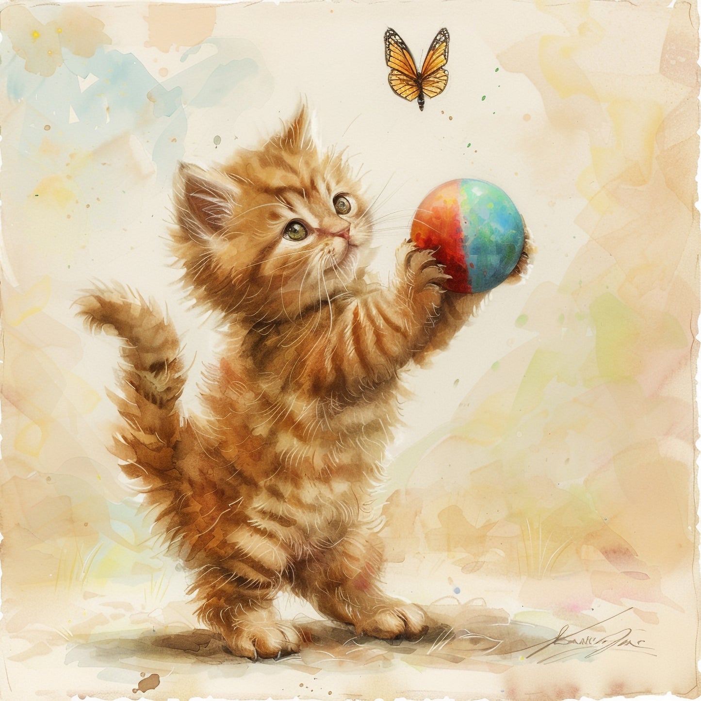 Cute Kitten Playing with Colorful Ball and Butterfly