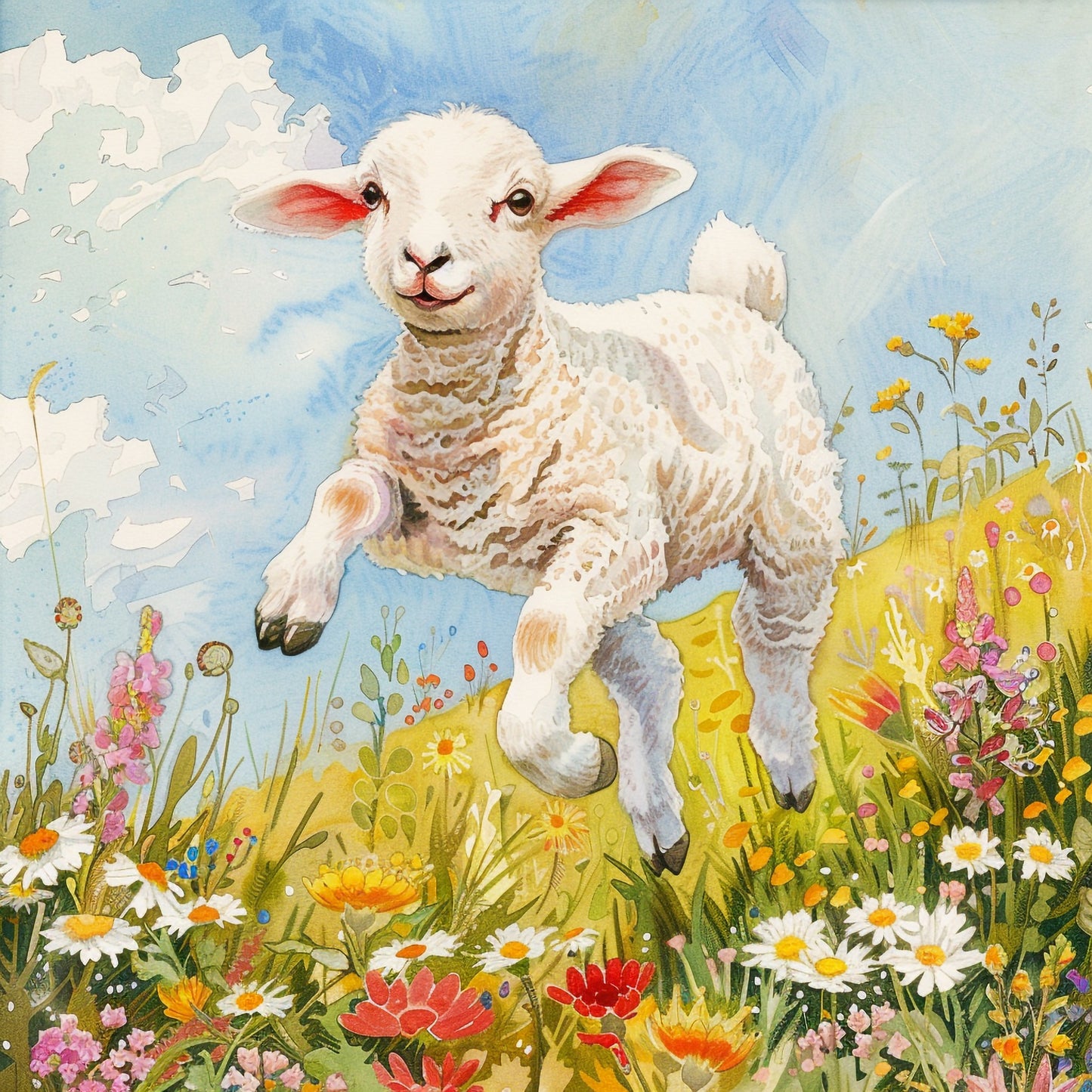 Adorable Lamb Frolicking in Spring Meadow with Flowers