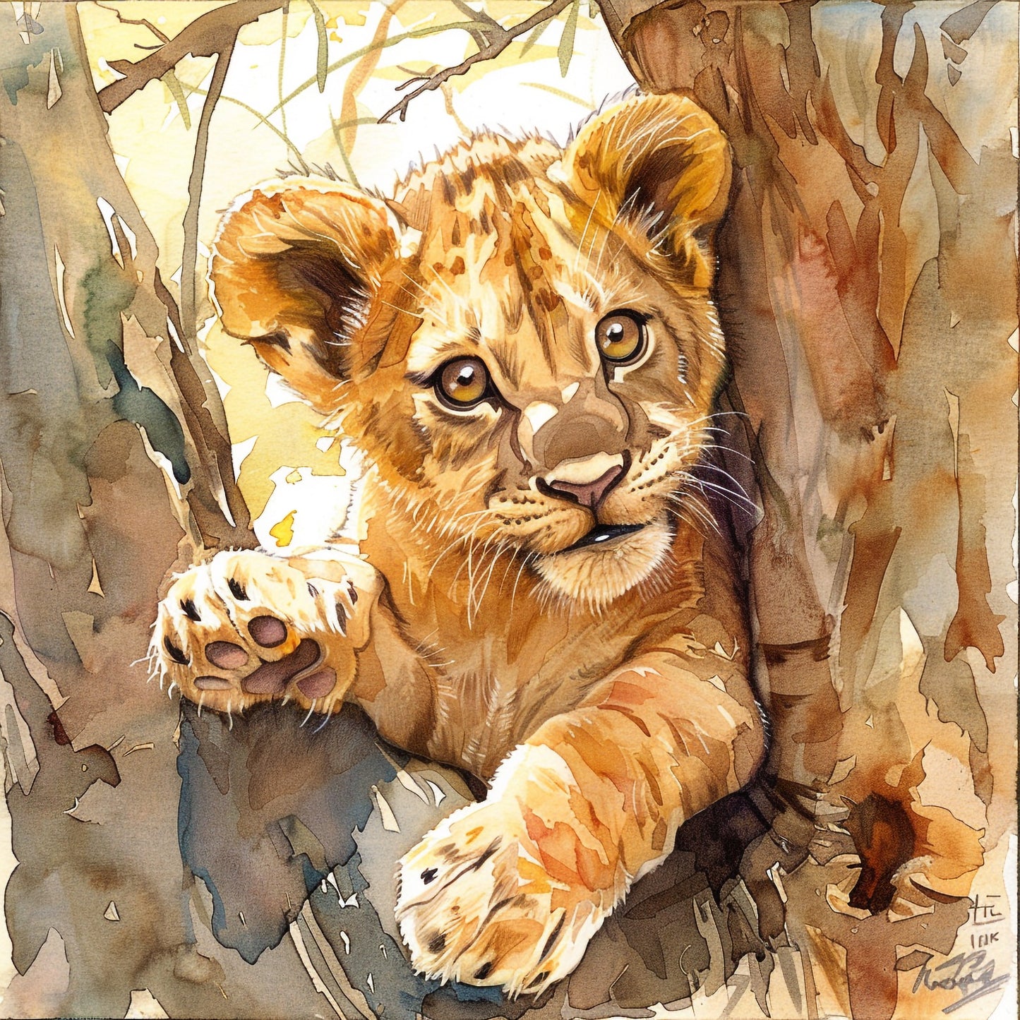 Playful Lion Cub in Nature Watercolor Illustration