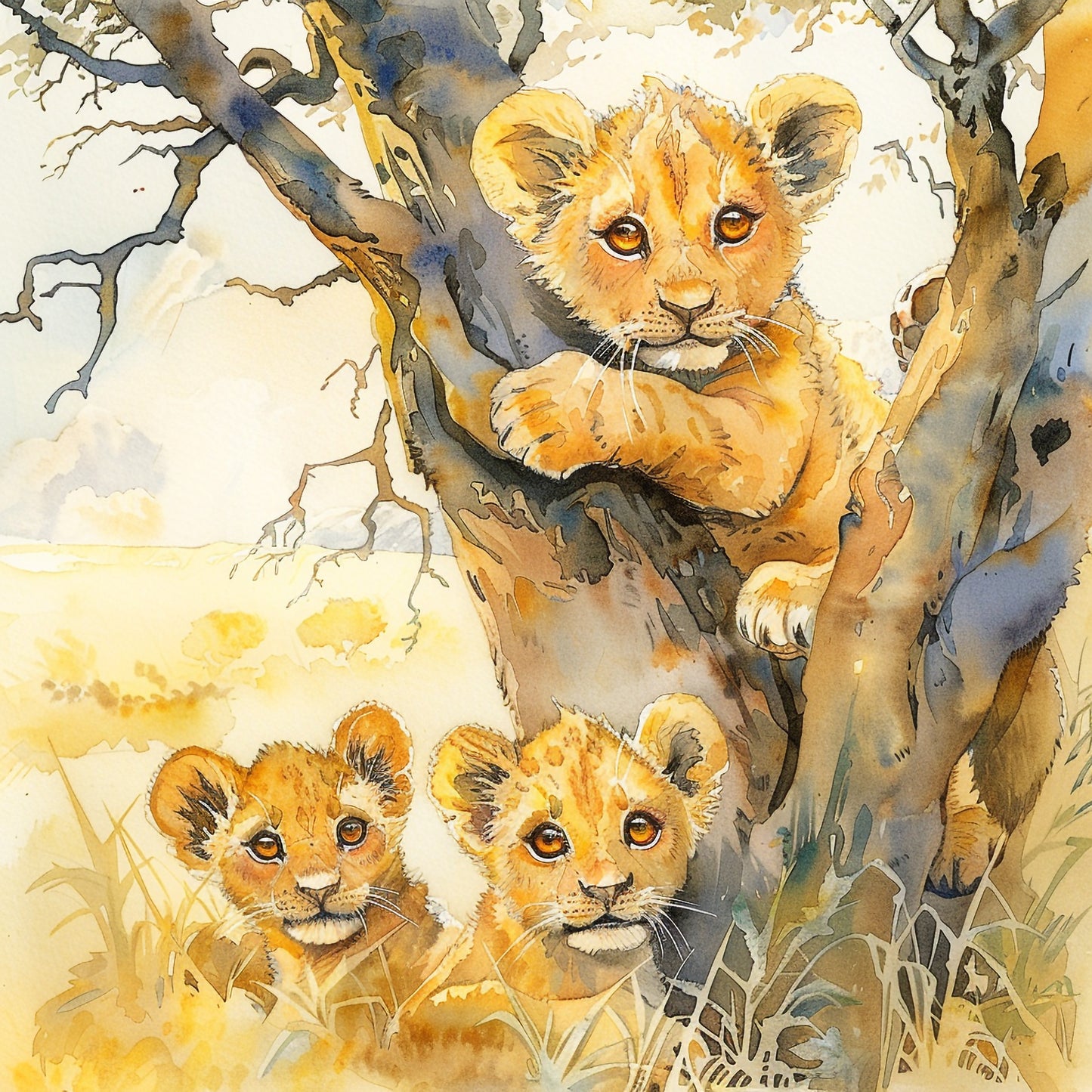 Adorable Lion Cub Exploring Nature in Watercolor Art