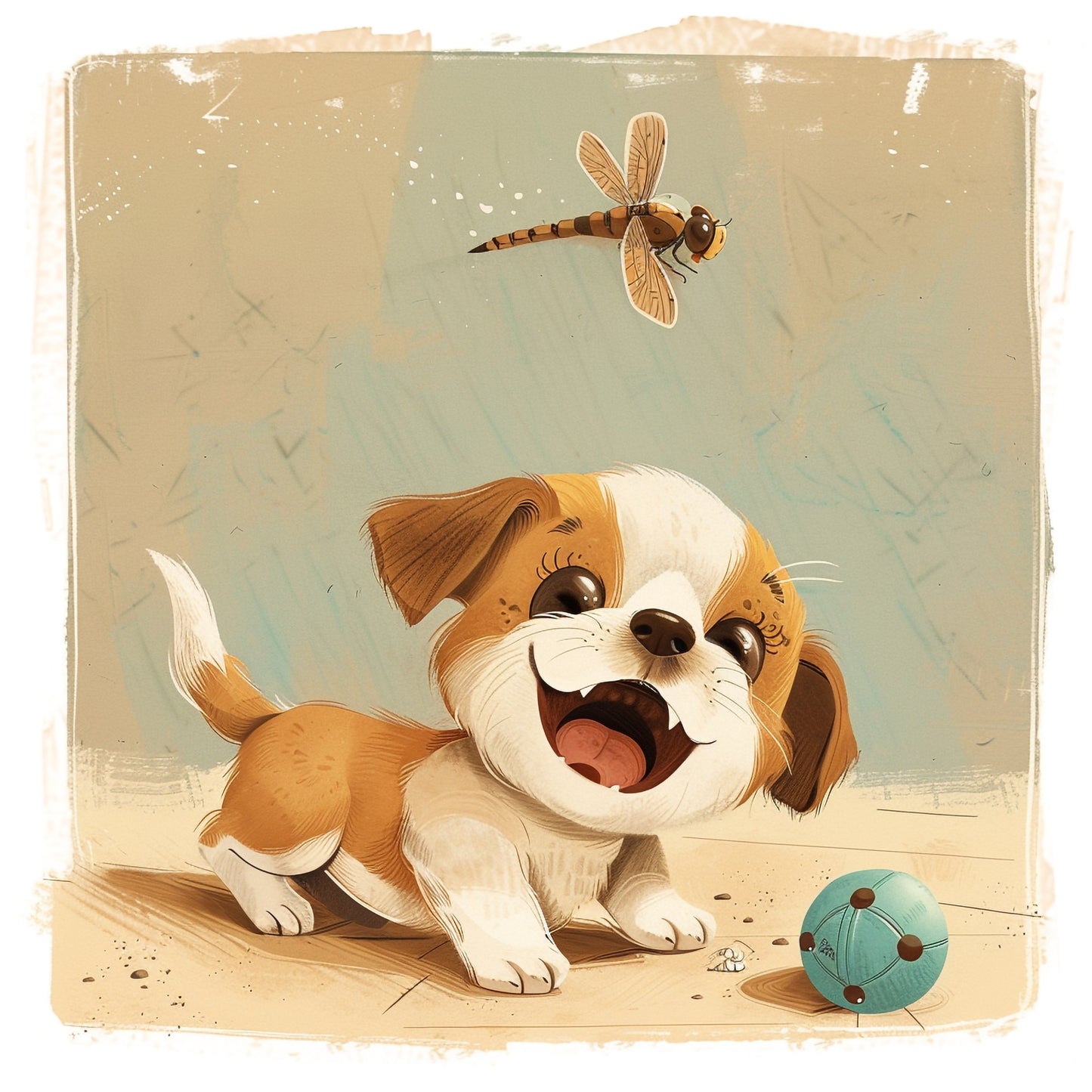 Adorable Puppy Playing with Toy and Chasing Dragonfly