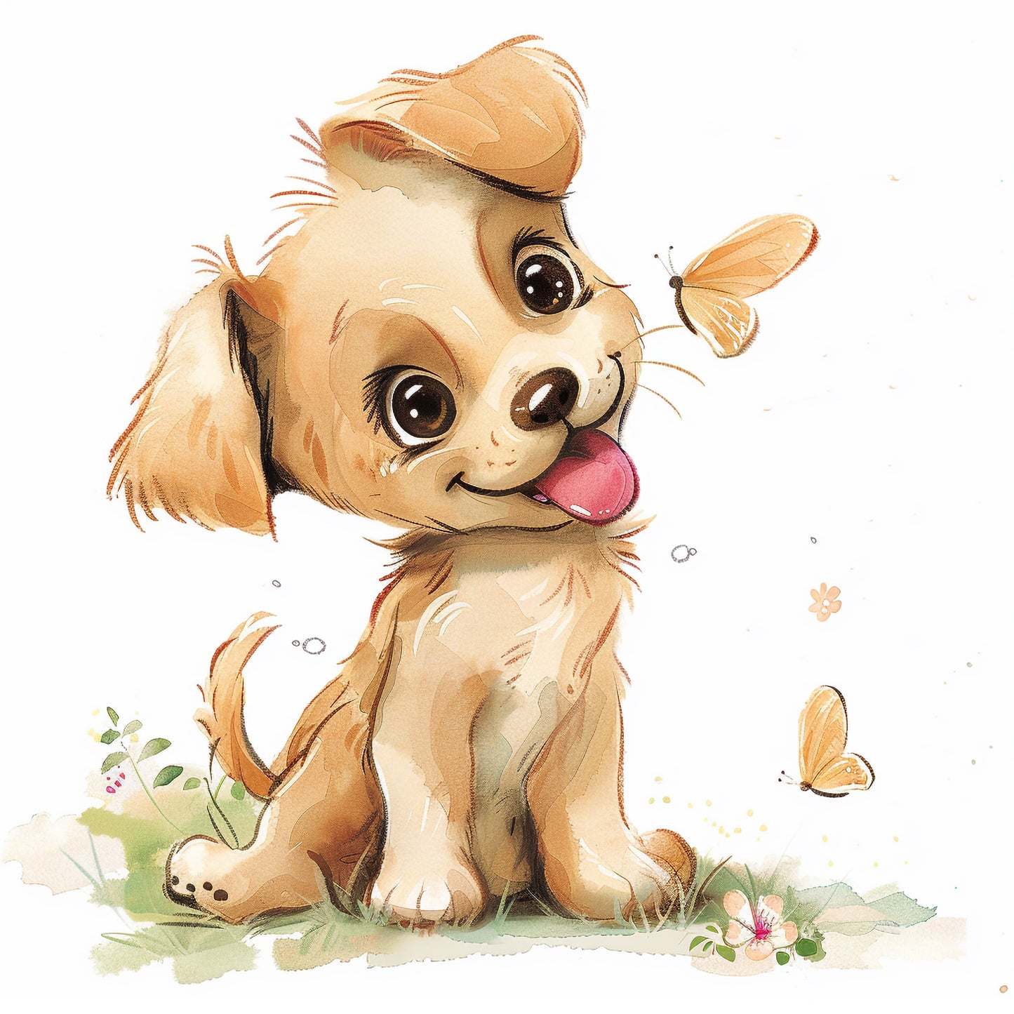 Cute Cartoon Puppy with Butterflies and Flowers