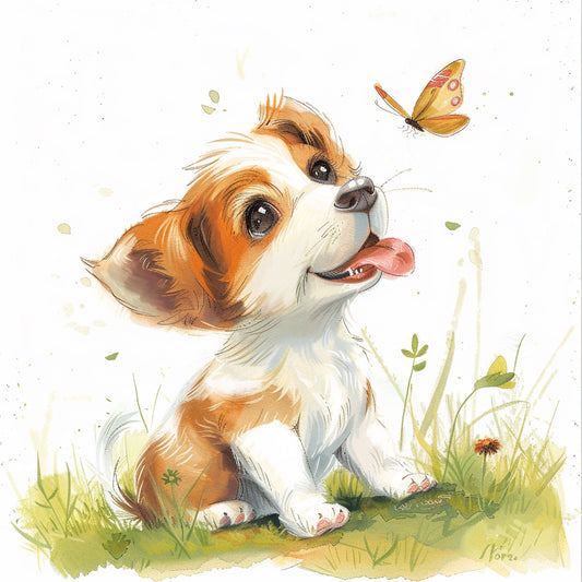 Cute Puppy Playing with Butterfly in Sunny Field