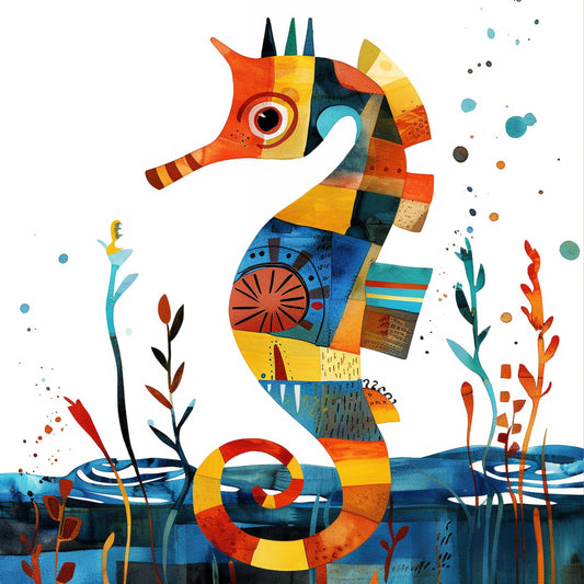 Colorful Watercolor Seahorse with Artistic Ocean Elements