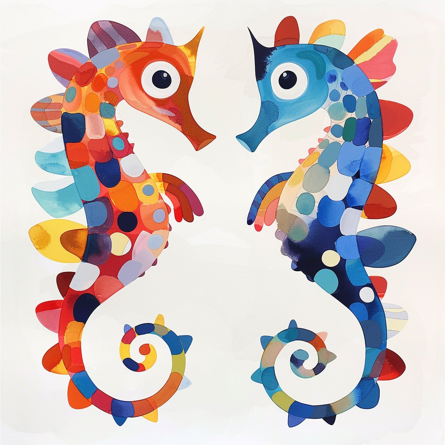 Colorful Watercolor Seahorses Facing Each Other