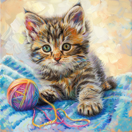 Cute Tabby Kitten Playing with Colorful Yarn Ball