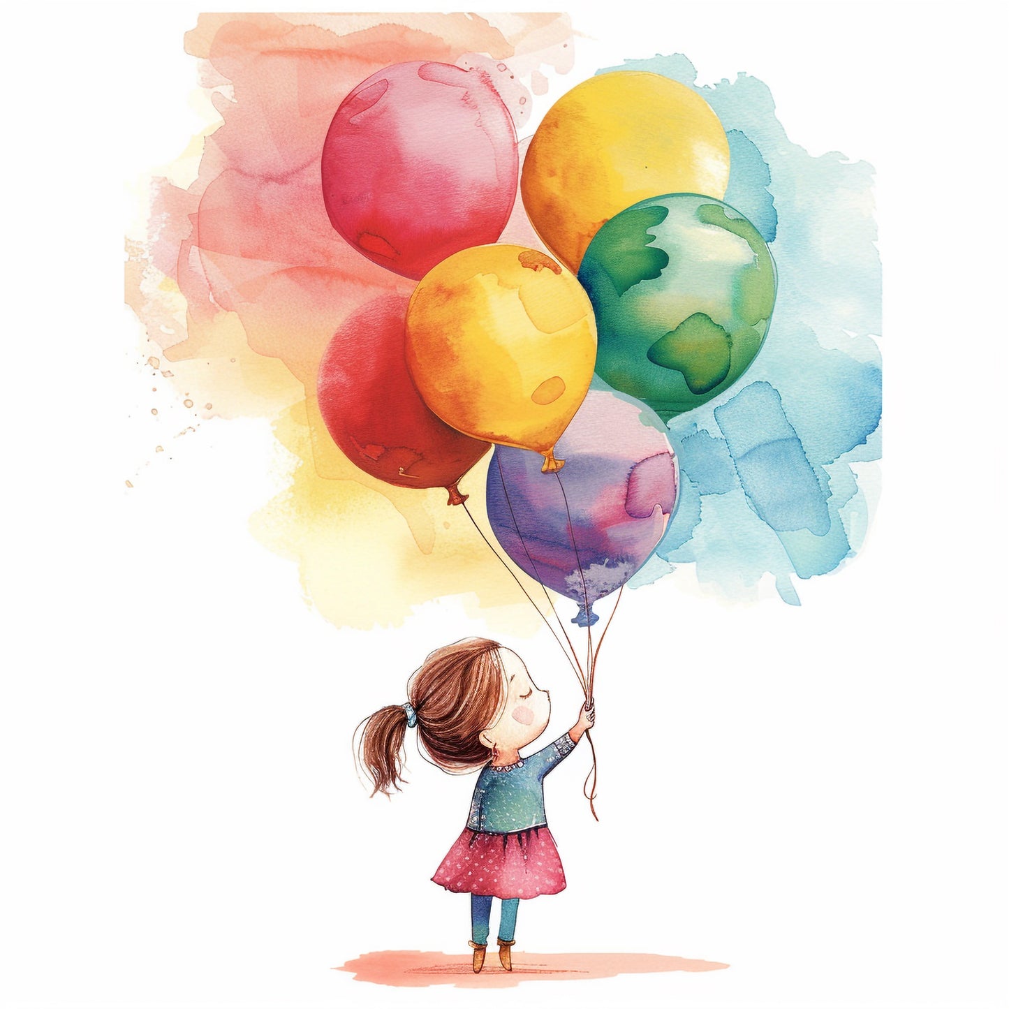 Little Girl Joyfully Holding Colorful Balloons Illustration