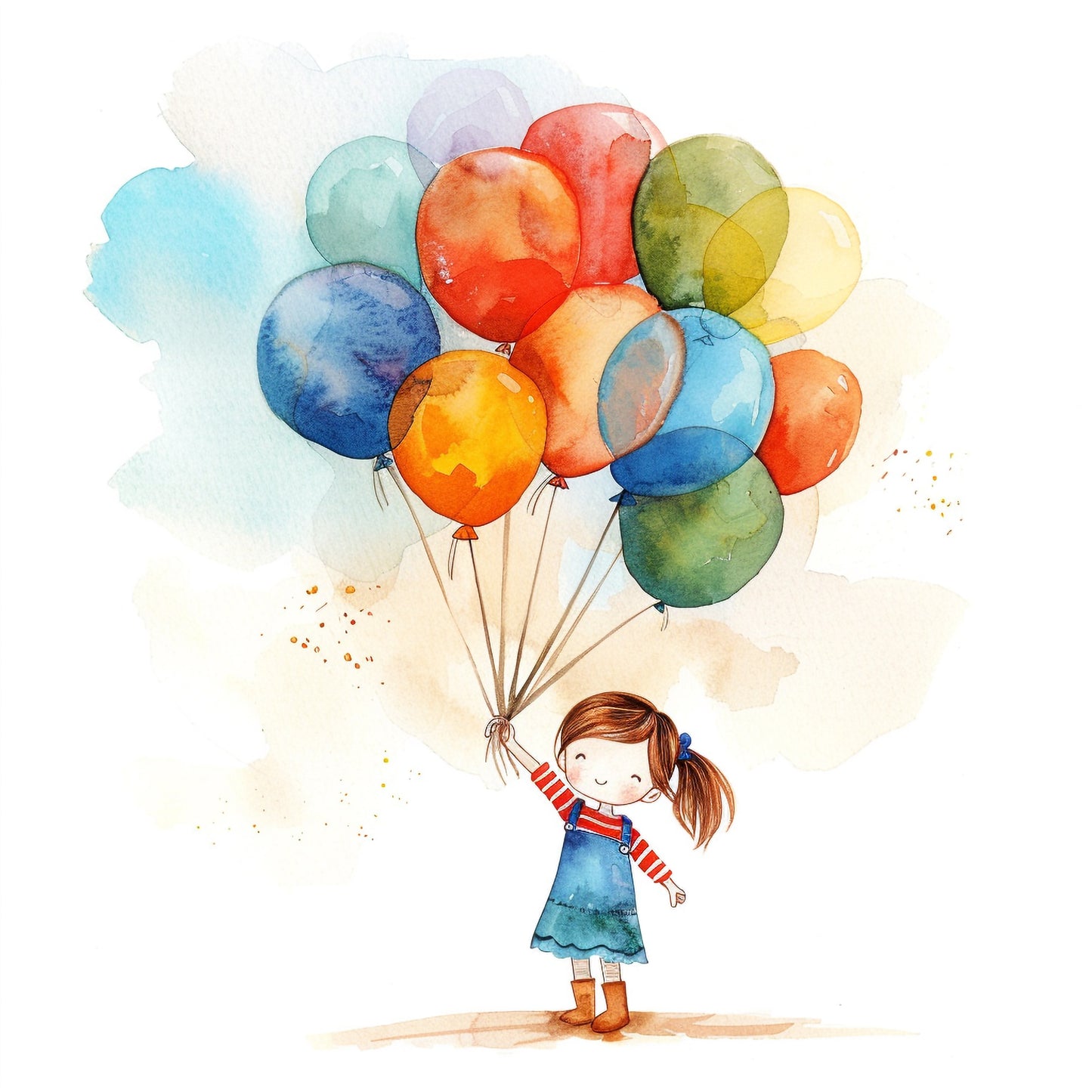 Cute Little Girl Holding Colorful Balloons Watercolor Illustration