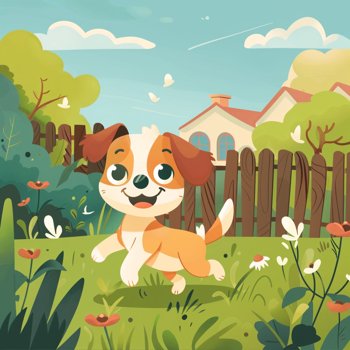 Cheerful Puppy Playing in a Sunny Garden Illustration
