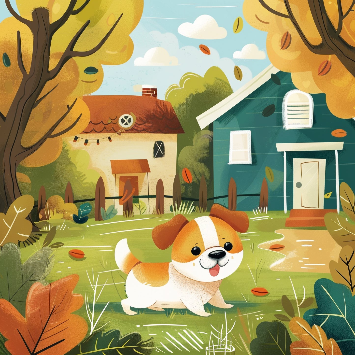 Children's Nursery Artwork With Cute, Friendly Dog in Autumn