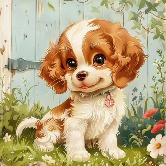 Cute Illustrated Puppy in a Flower Garden Artwork