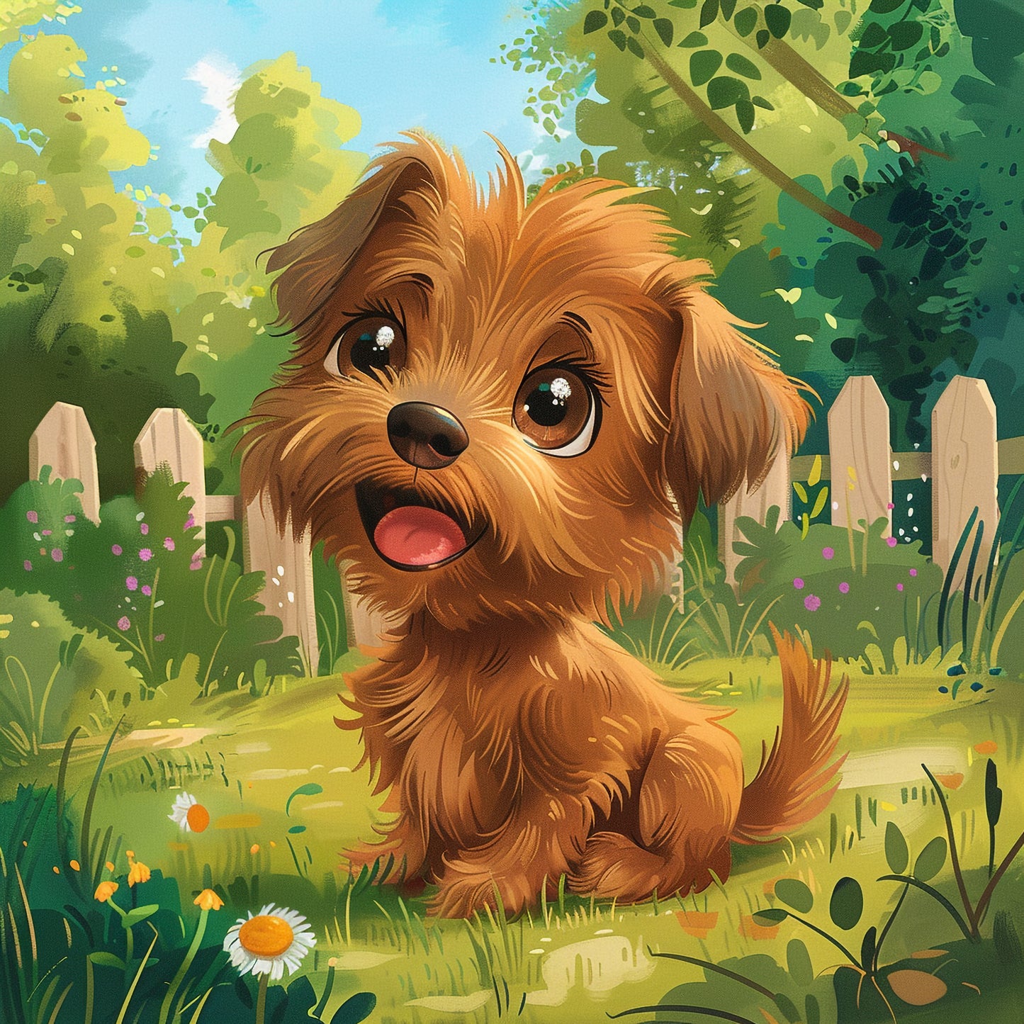 Friendly Dog Greeting in Sunlit Garden Fantasy Art