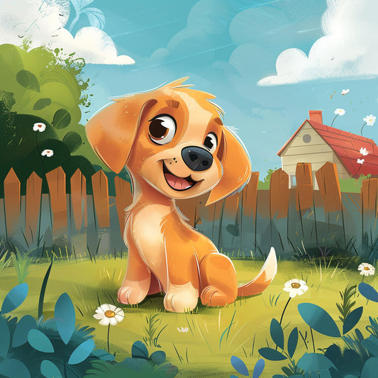 Cheerful Cartoon Puppy in a Sunny Garden Illustration
