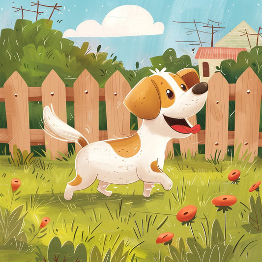Cheerful Cartoon Dog Frolicking in Sunny Backyard