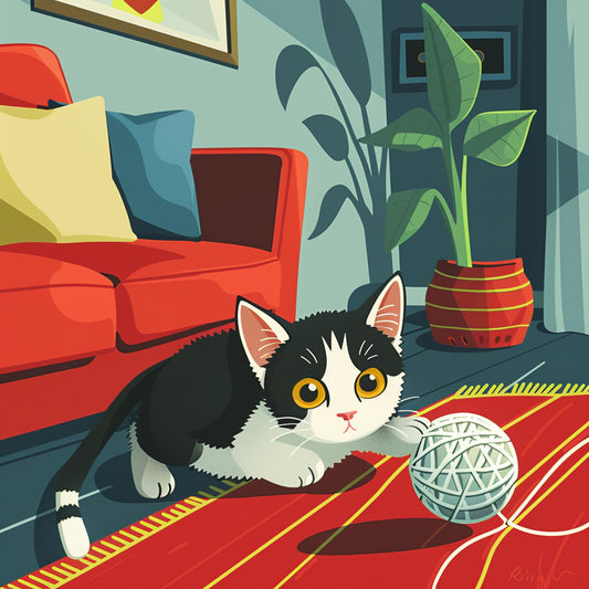 Adorable Kitten Playing with Yarn Ball Illustration