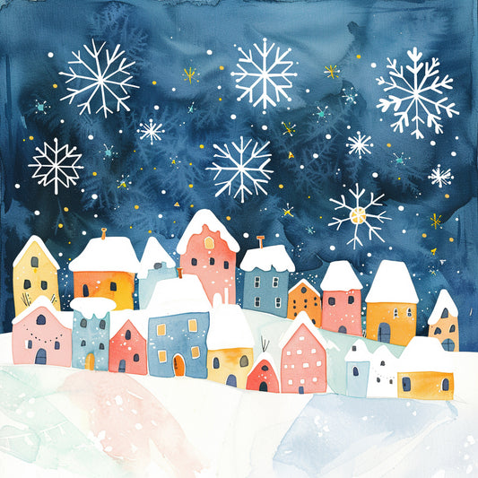 Colorful Houses and Snowflakes in Suburban Winter Scene
