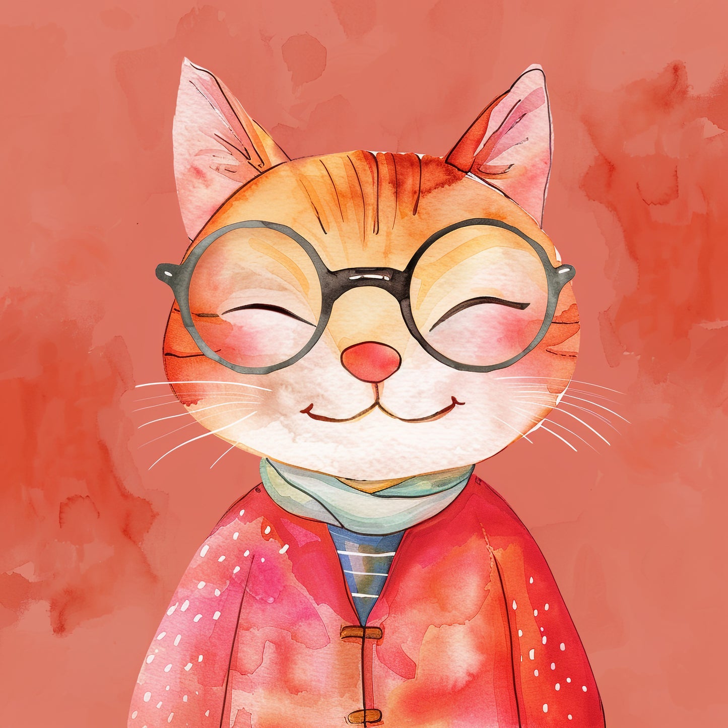 Cute Smiling Cat in Glasses and Stylish Outfit Illustration