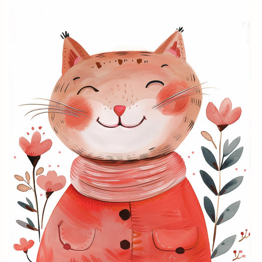 Happy Cat in Red Attire with Blooming Flowers Illustration