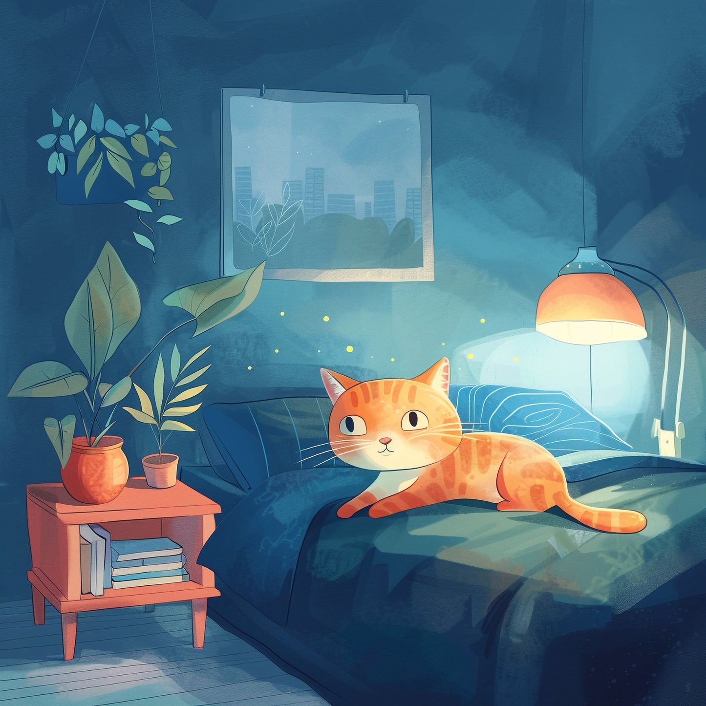 Cozy Evening with a Cute Cat in a Cartoon Bedroom