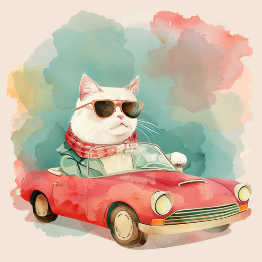 Cool Cat in Retro Clothes Driving a Red Convertible