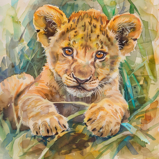 Adorable Baby Lion Cub in Colorful Watercolor Illustration