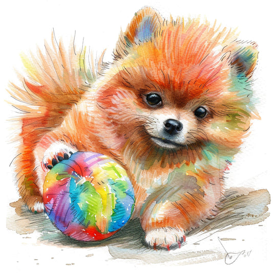Playful Pomeranian Puppy Enjoys Colorful Toy in Sunshine