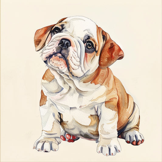 Adorable Bulldog Puppy with Head Tilt Watercolor Art