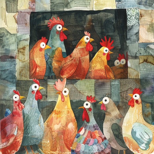 Curious Chickens Peering Inside a Colorful Coop
