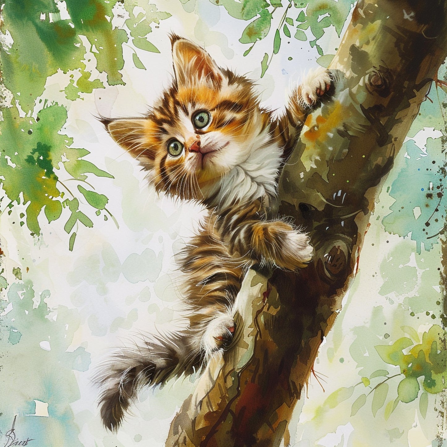 Curious Maine Coon Kitten Climbing a Tree Outdoors