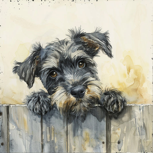 Adorable Miniature Schnauzer Puppy Peering Over Fence
