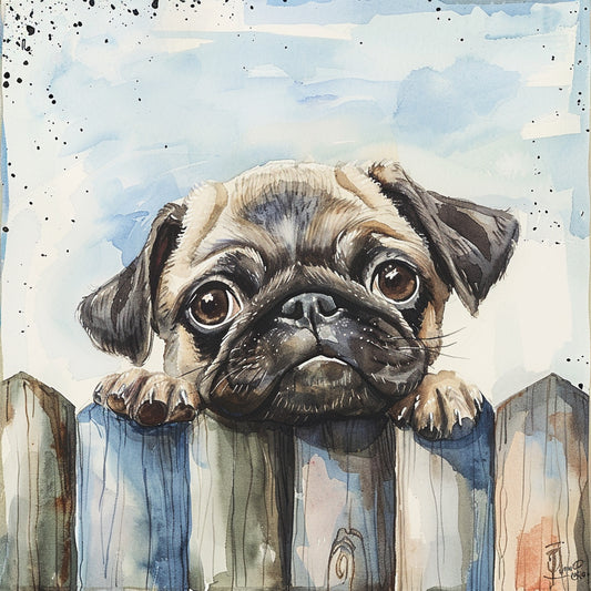 Adorable Pug Puppy Peering Over Wooden Fence Watercolor