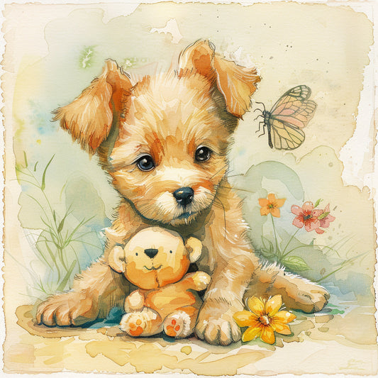 Adorable Puppy with Stuffed Toy in a Watercolor Illustration