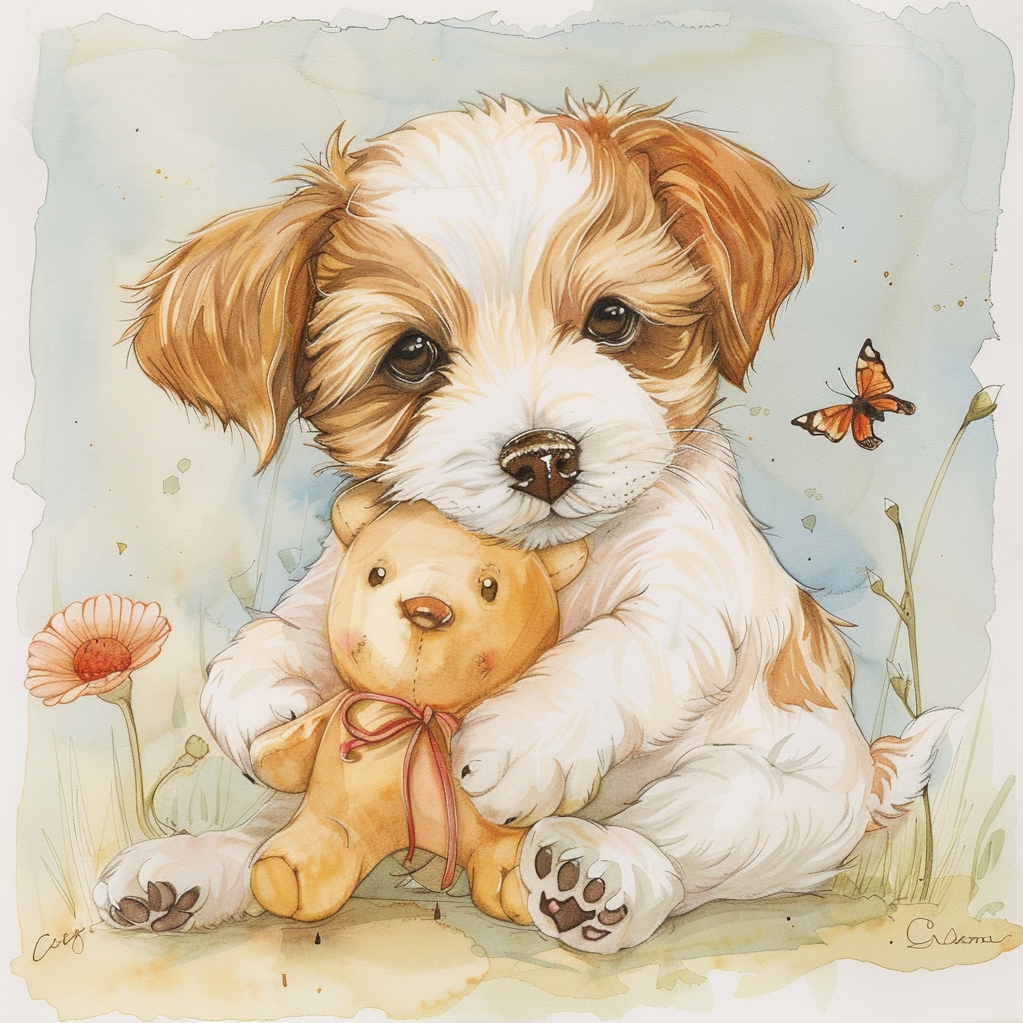 Adorable Puppy Cuddling with Soft Toy in Pastel Artwork