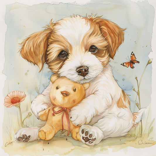 Adorable Puppy Cuddling with Soft Toy in Pastel Artwork